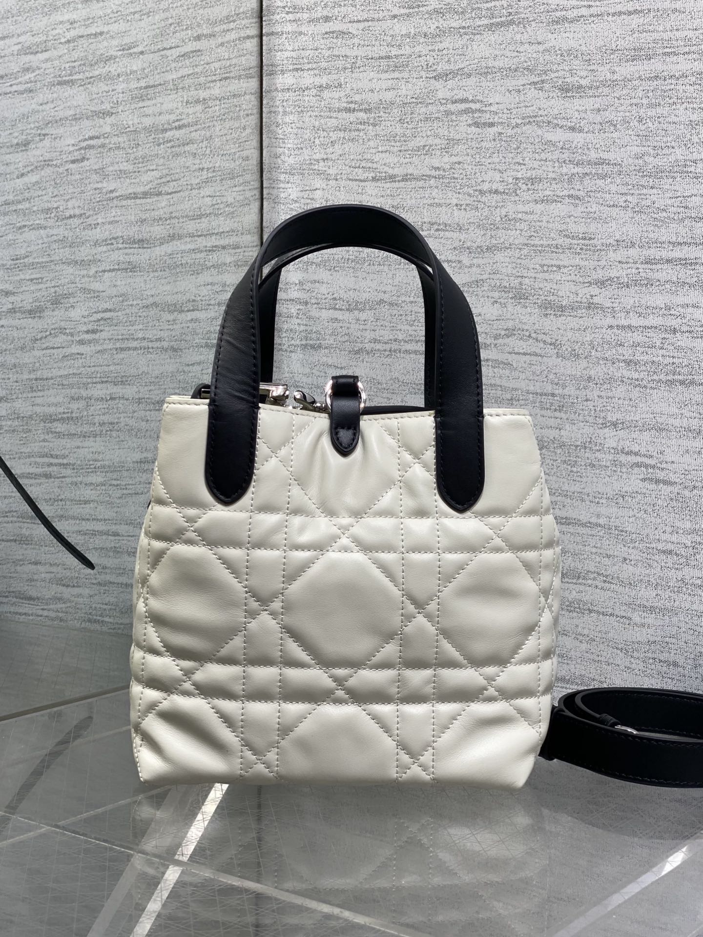 Small Dior Toujours Vertical Tote Bag - Latte and Black Macrocannage Calfskin – M2835 - Default Title - View 5