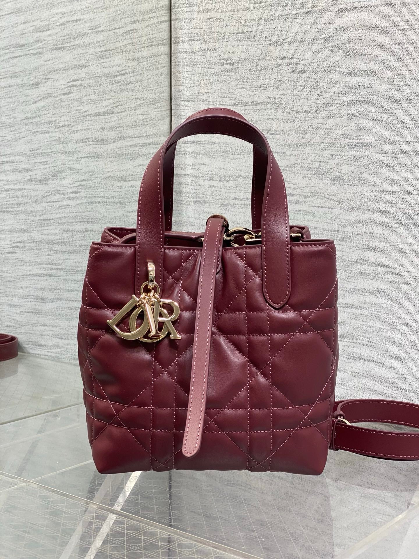 Small Dior Toujours Vertical Tote Bag – Red Macrocannage Calfskin – M2835 - Default Title - View 3