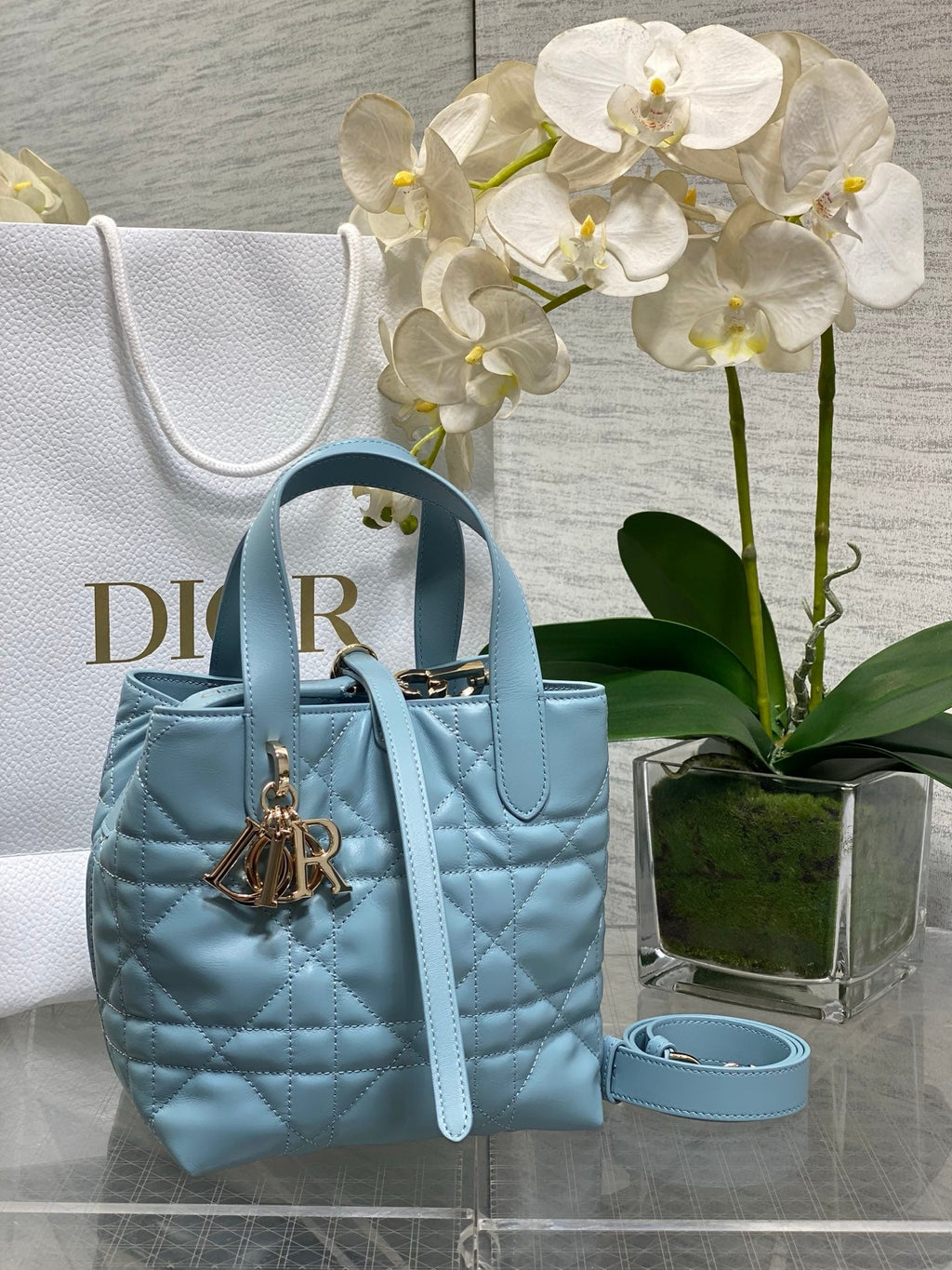 Small Dior Toujours Vertical Tote Bag – Sky Blue Macrocannage Calfskin – M2835 - Default Title - View 1