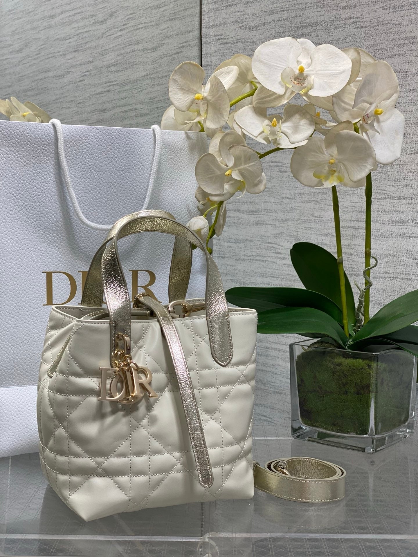 Small Dior Toujours Vertical Tote Bag - Latte and Gold Macrocannage Calfskin – M2835 - Default Title - View 1