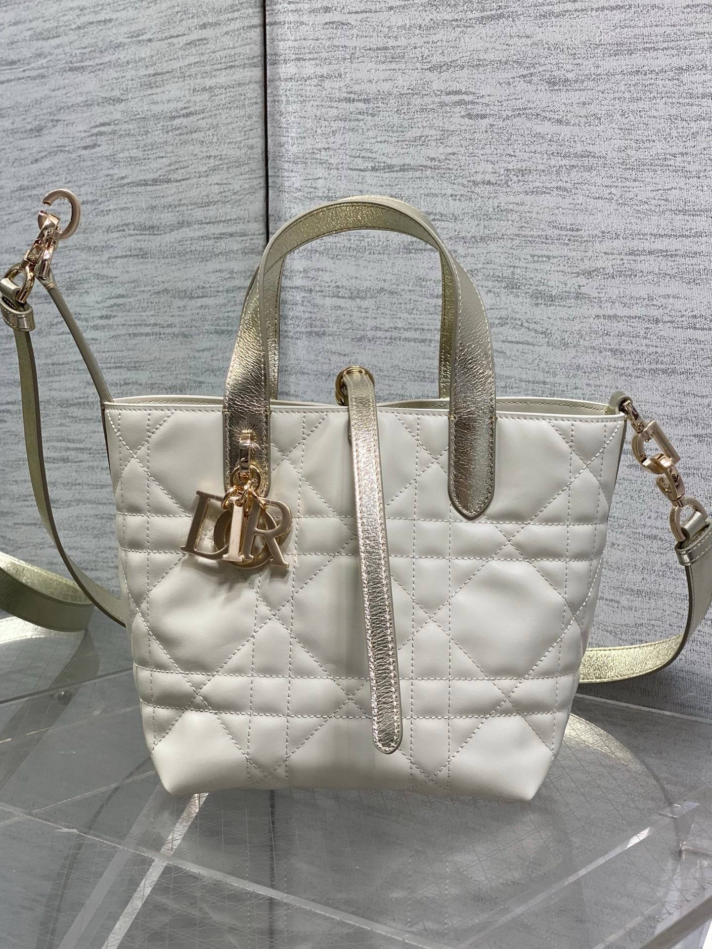 Small Dior Toujours Vertical Tote Bag - Latte and Gold Macrocannage Calfskin – M2835 - Default Title - View 2