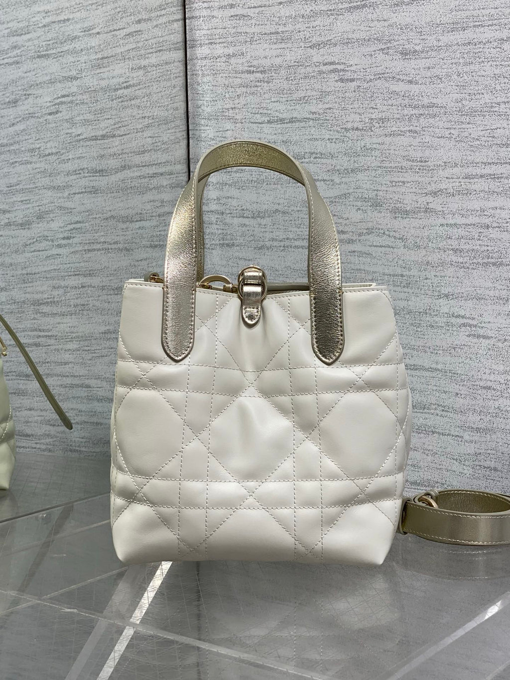 Small Dior Toujours Vertical Tote Bag - Latte and Gold Macrocannage Calfskin – M2835 - Default Title - View 5