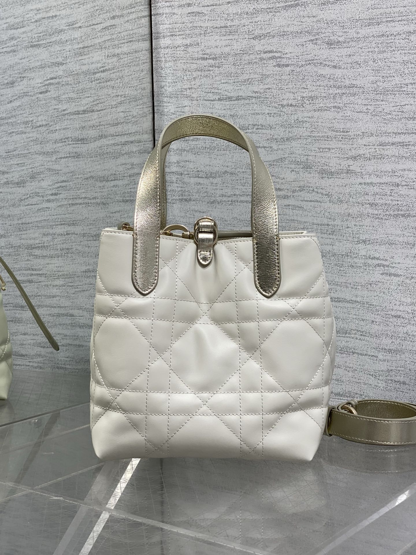 Small Dior Toujours Vertical Tote Bag - Latte and Gold Macrocannage Calfskin – M2835 - Default Title - View 5