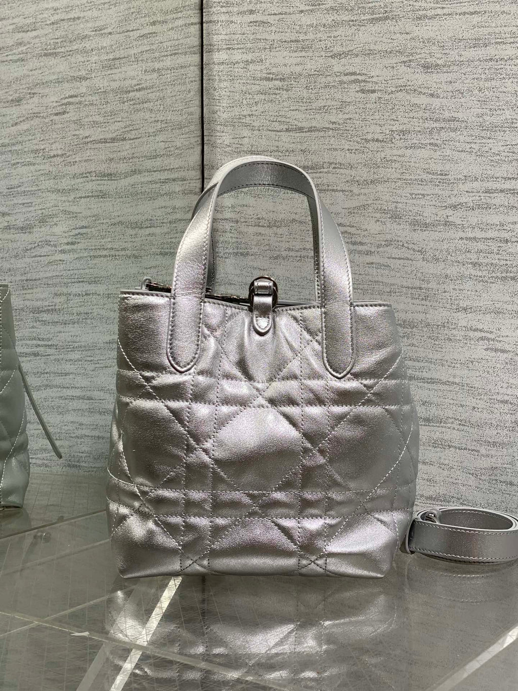 Small Dior Toujours Vertical Tote Bag – Silver Macrocannage Calfskin – M2835 - Default Title - View 5