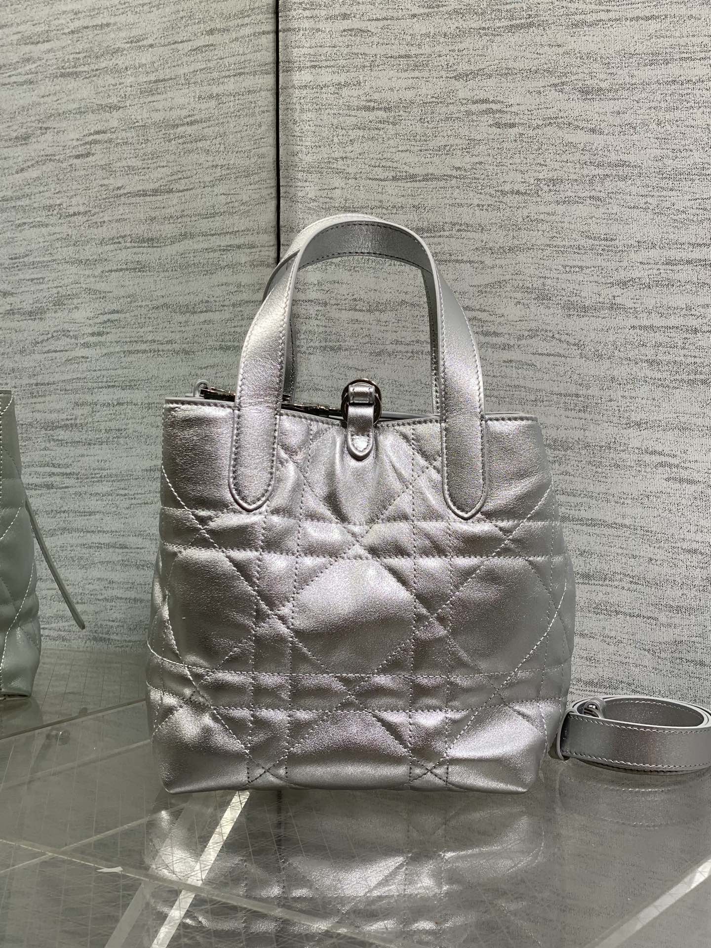 Small Dior Toujours Vertical Tote Bag – Silver Macrocannage Calfskin – M2835 - Default Title - View 5