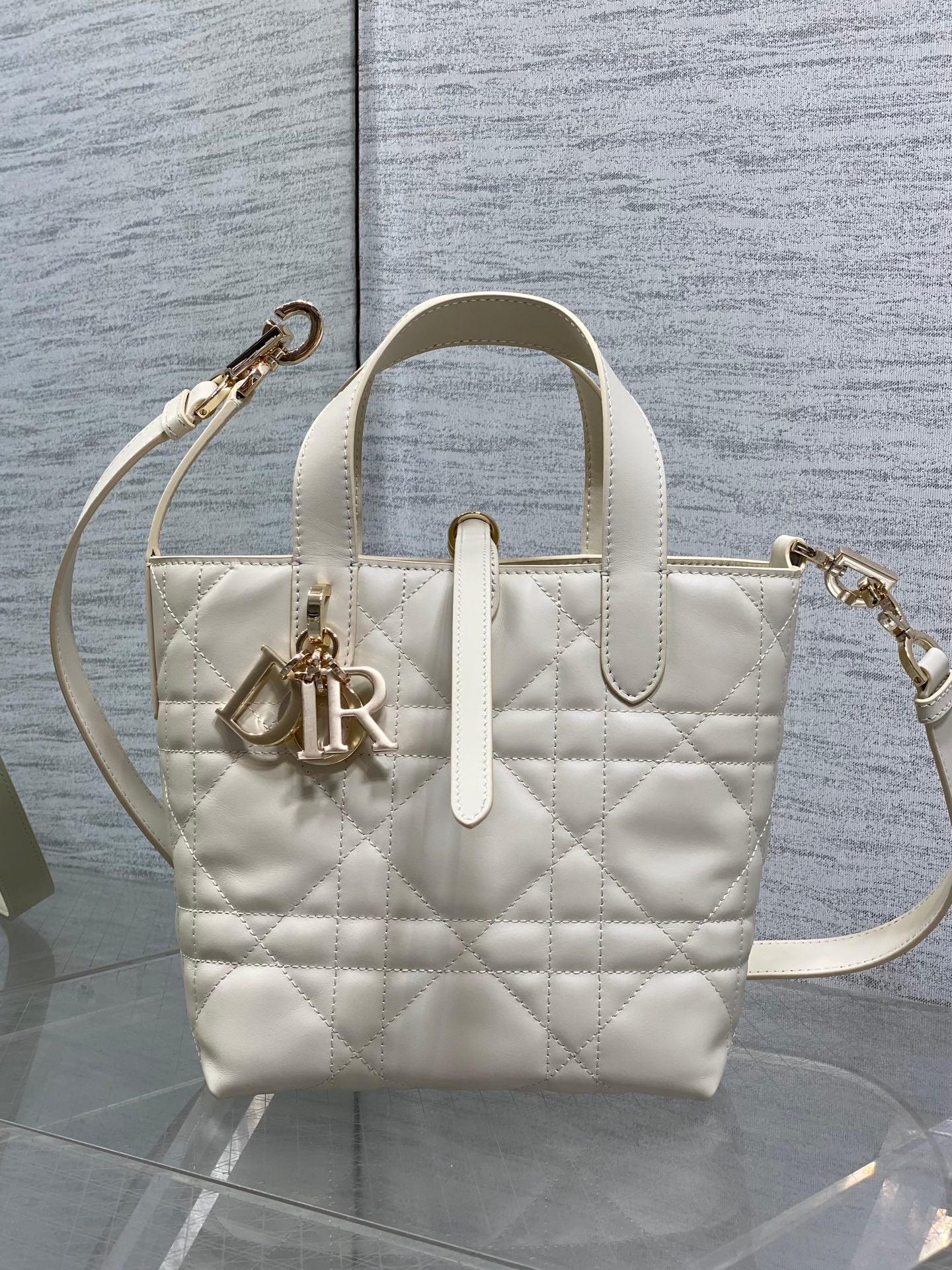 Beige Macrocannage Calfskin Small Dior Toujours Vertical Tote Bag – M2835 - Default Title - View 2