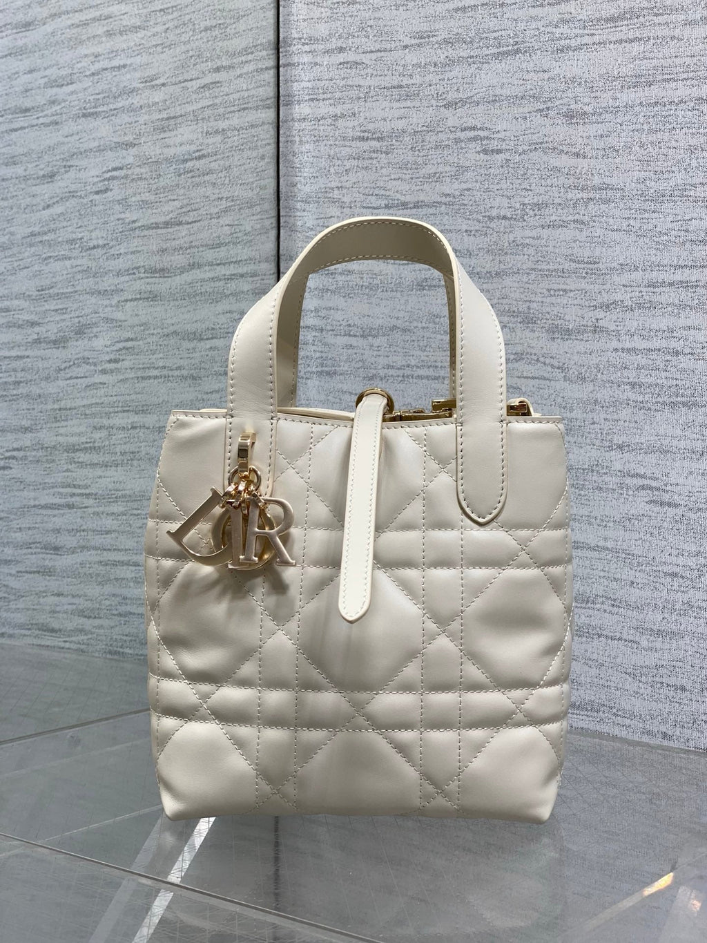 Beige Macrocannage Calfskin Small Dior Toujours Vertical Tote Bag – M2835 - Default Title - View 3