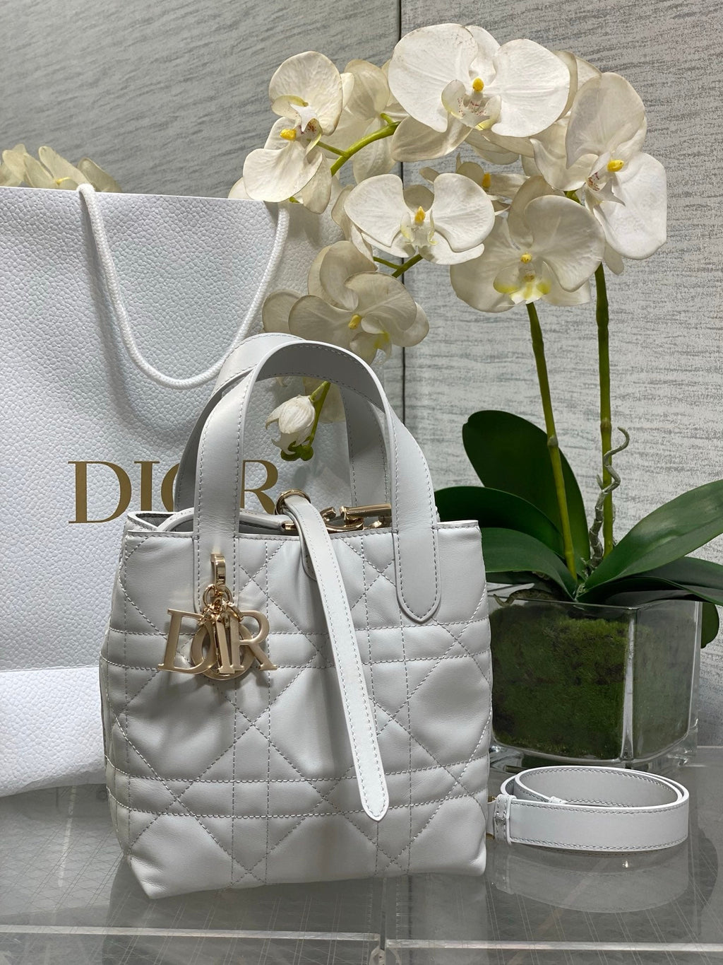 Dior Toujours Small Vertical Tote – Light Gray Macrocannage – M2835 - Default Title - View 1