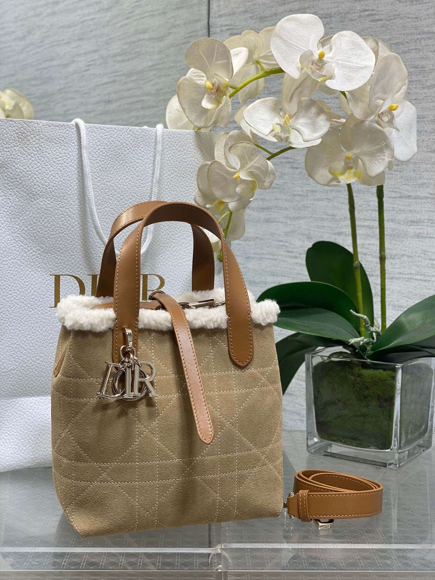 Small Dior Toujours Vertical Tote Bag – Beige Suede & Wool – M2835 - Default Title - View 1