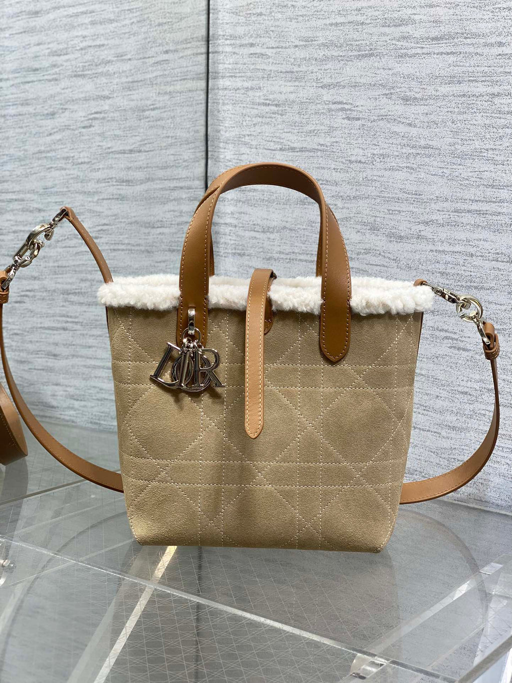 Small Dior Toujours Vertical Tote Bag – Beige Suede & Wool – M2835 - Default Title - View 3