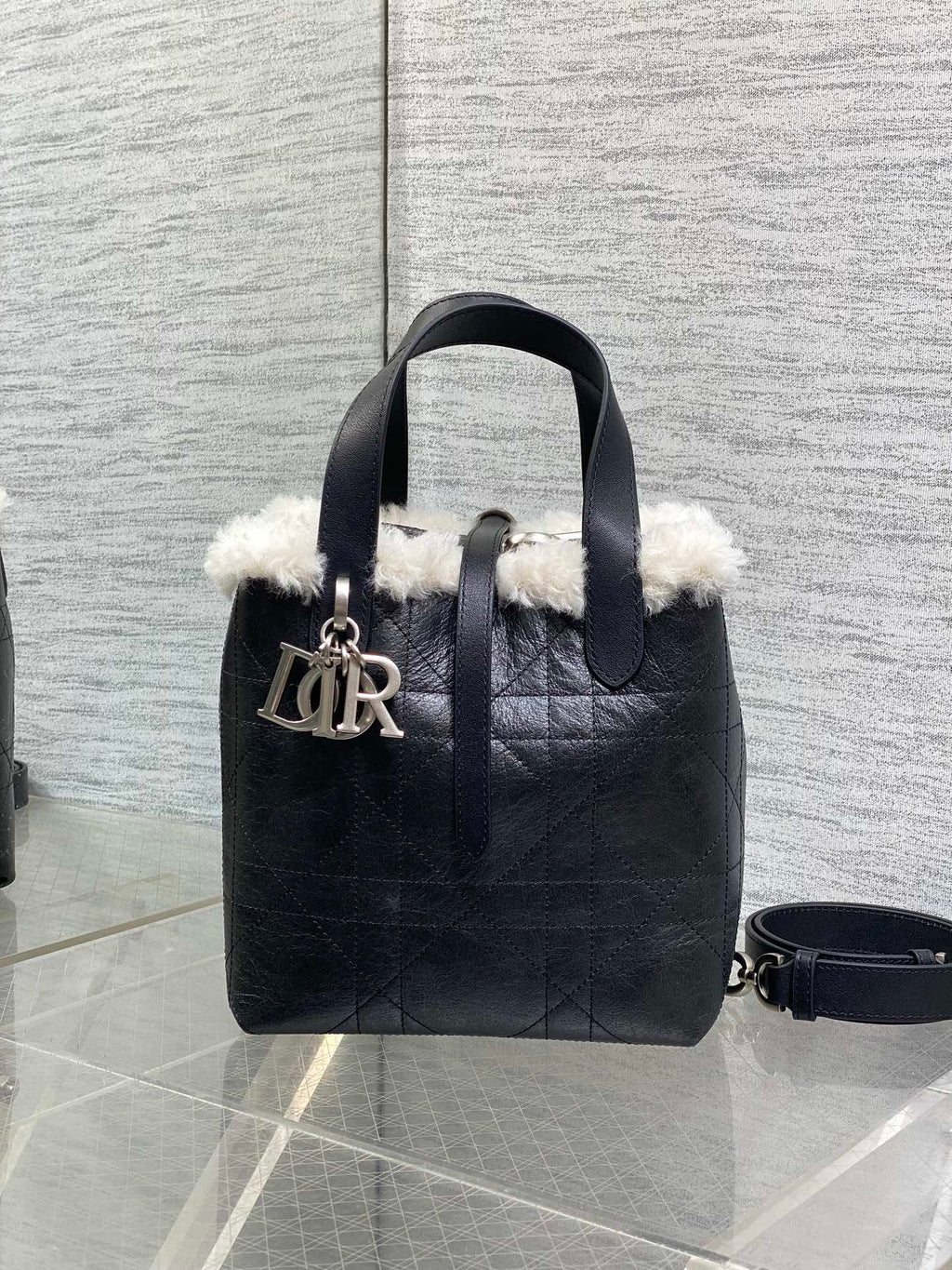 Small Dior Toujours Vertical Tote Bag – Black Suede & Wool – M2835 - Default Title - View 2