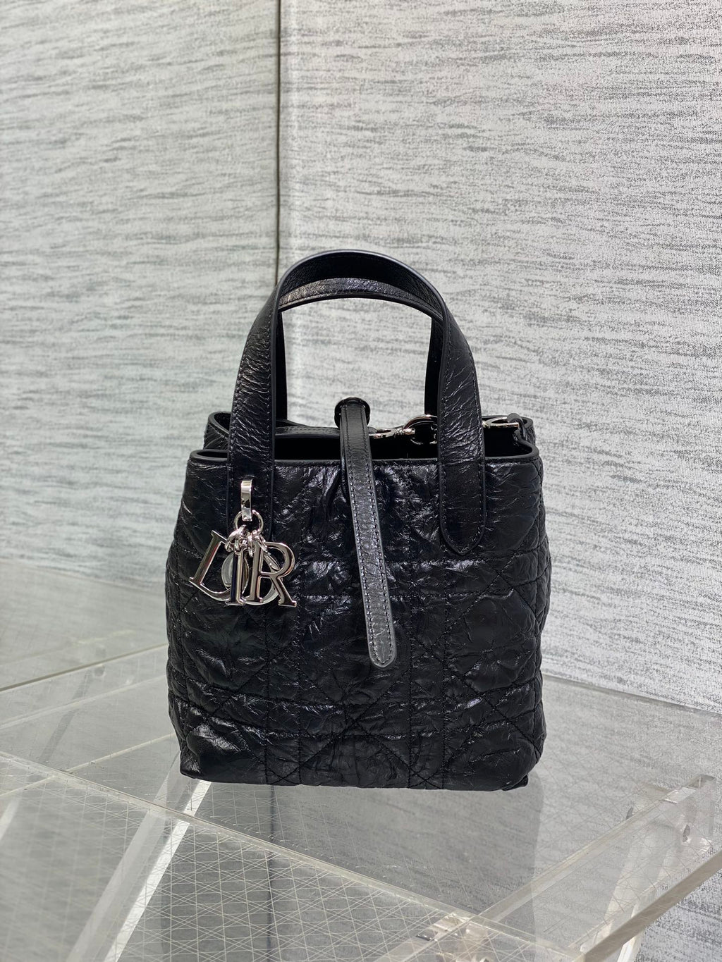Small Dior Toujours Vertical Tote Bag -M2835 - Black Macrocannage Crinkled Calfskin - Default Title - View 2