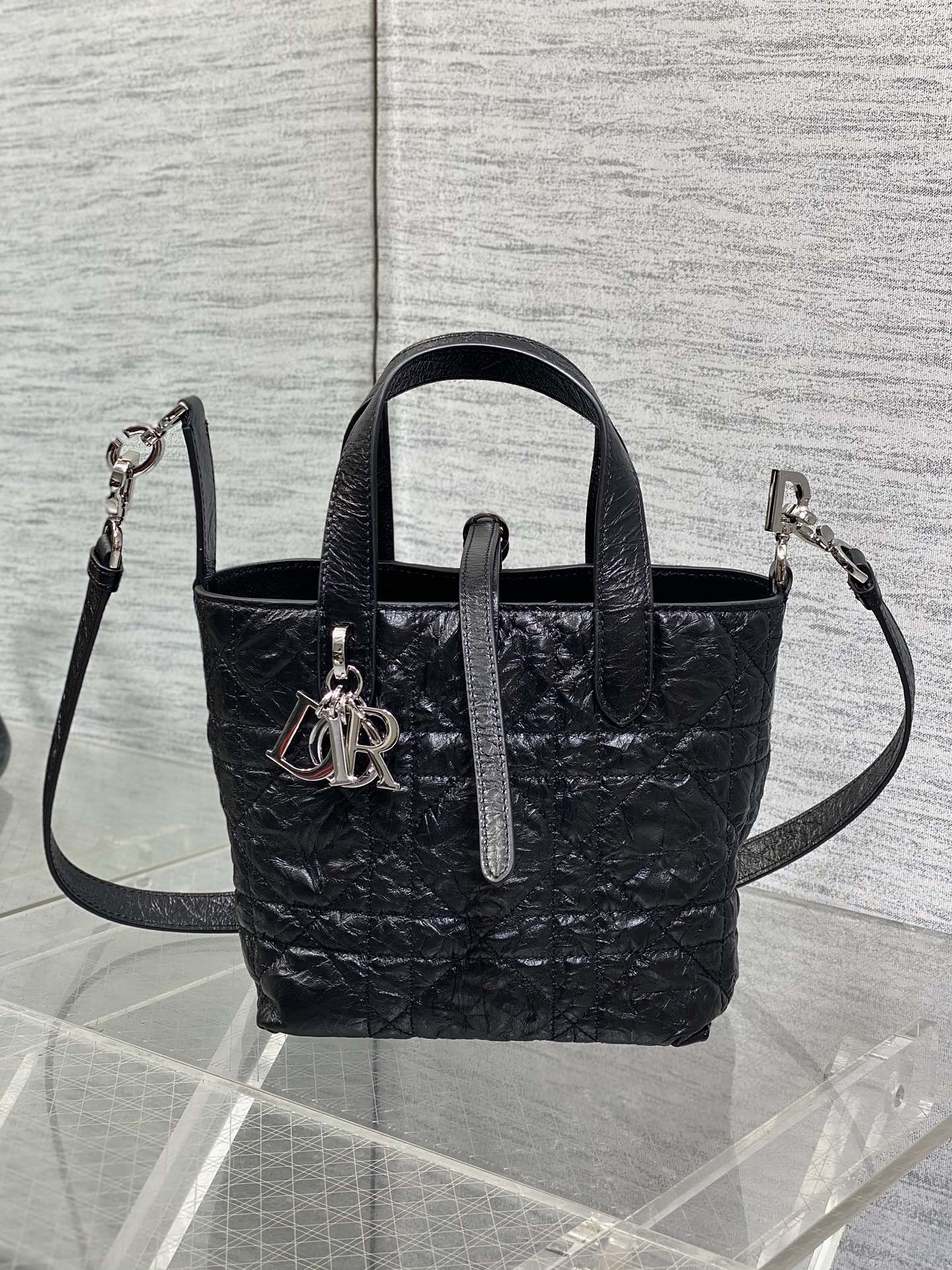 Small Dior Toujours Vertical Tote Bag -M2835 - Black Macrocannage Crinkled Calfskin - Default Title - View 3