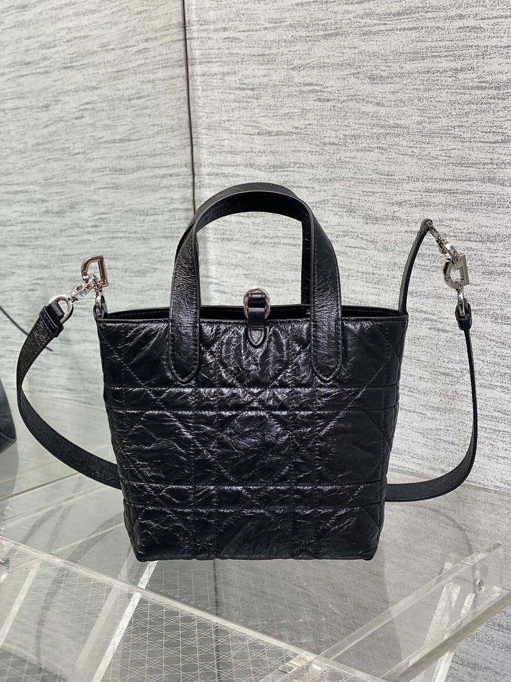 Small Dior Toujours Vertical Tote Bag -M2835 - Black Macrocannage Crinkled Calfskin - Default Title - View 5