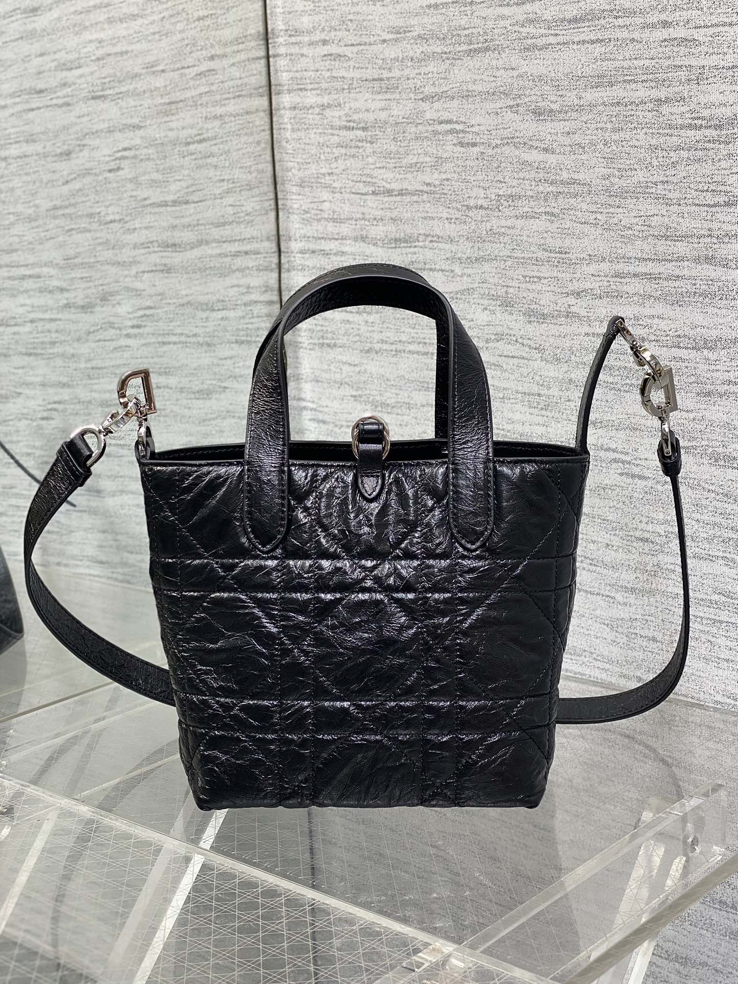Small Dior Toujours Vertical Tote Bag -M2835 - Black Macrocannage Crinkled Calfskin - Default Title - View 5