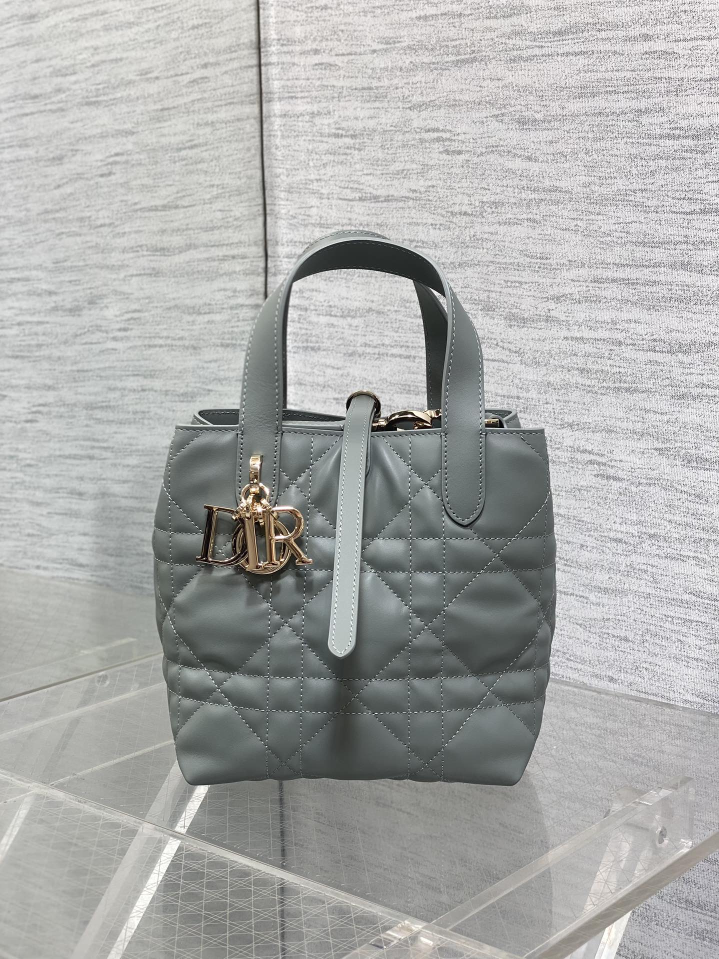 Small Dior Toujours Vertical Tote Bag – M2835 - Gray Macrocannage Calfskin - Default Title - View 2