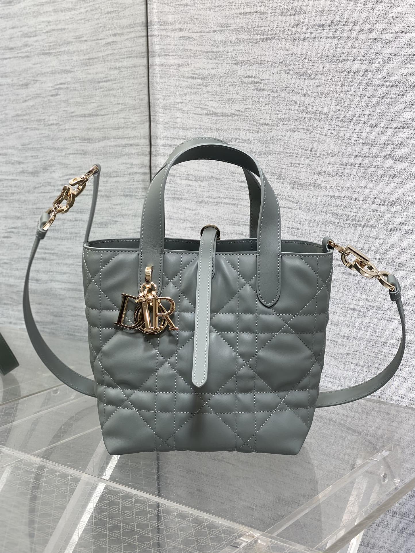 Small Dior Toujours Vertical Tote Bag – M2835 - Gray Macrocannage Calfskin - Default Title - View 3