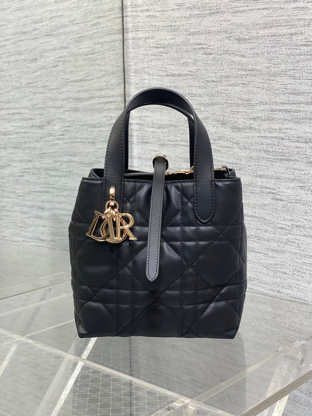 Small Dior Toujours Vertical Tote Bag - M2835 - Black Macrocannage Calfskin - Default Title - View 2