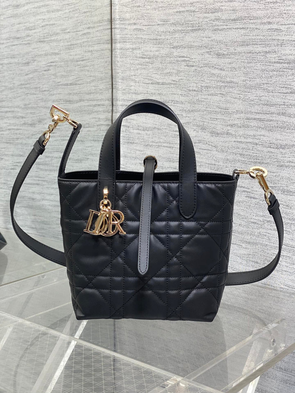 Small Dior Toujours Vertical Tote Bag - M2835 - Black Macrocannage Calfskin - Default Title - View 3