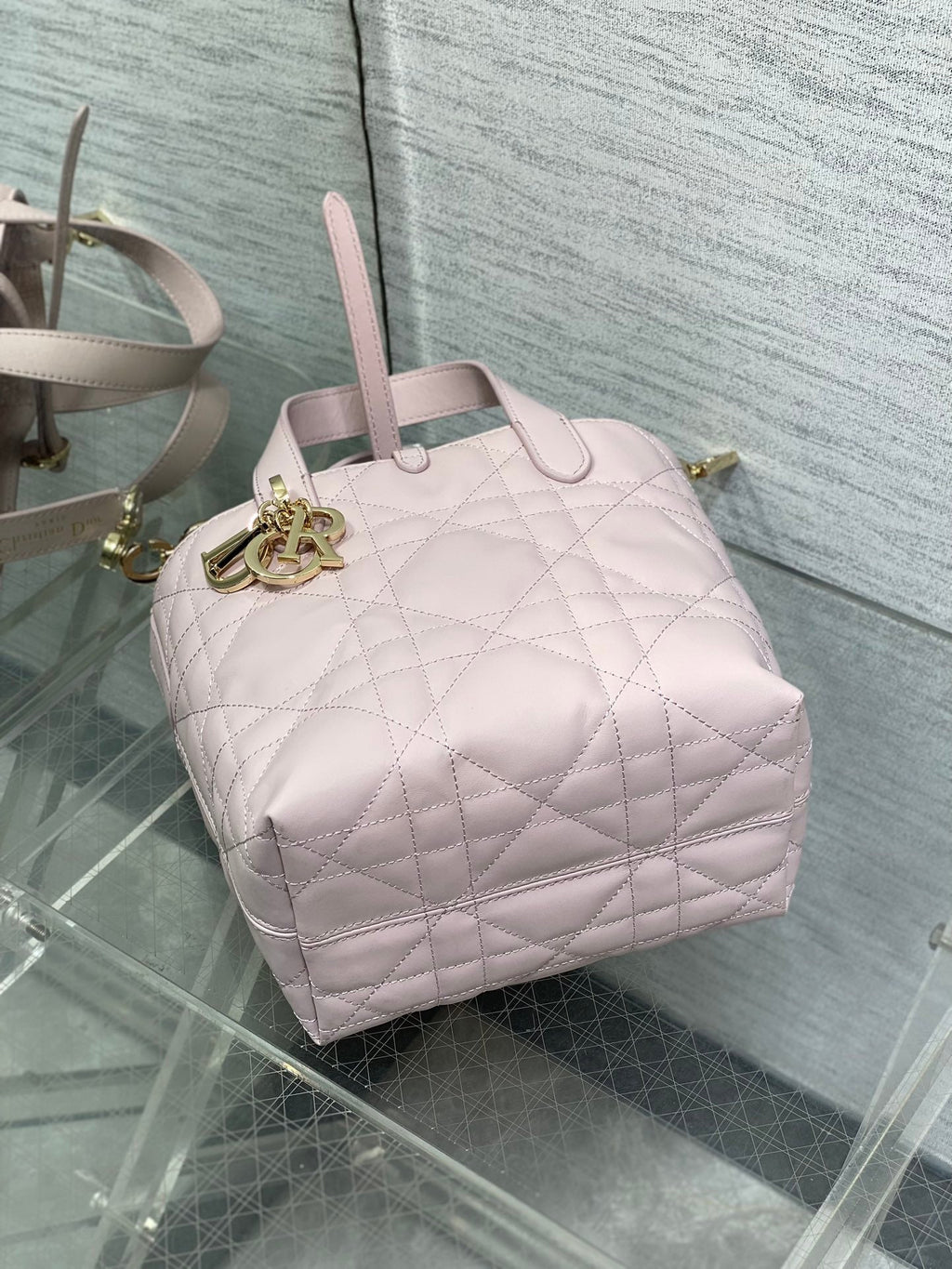 Small Dior Toujours Vertical Tote Bag – M2835 - Pink Macrocannage Calfskin - Default Title - View 7