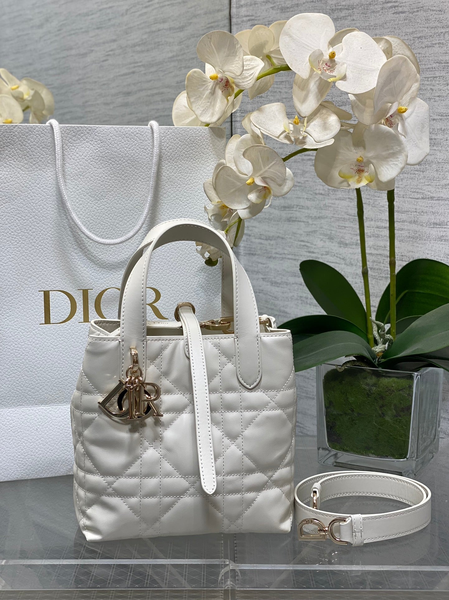 Small Dior Toujours Vertical Tote Bag – White Macrocannage Calfskin – M2835 - Default Title - View 1