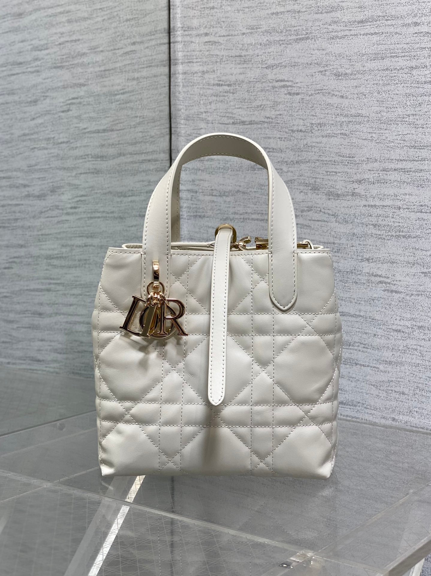 Small Dior Toujours Vertical Tote Bag – White Macrocannage Calfskin – M2835 - Default Title - View 2