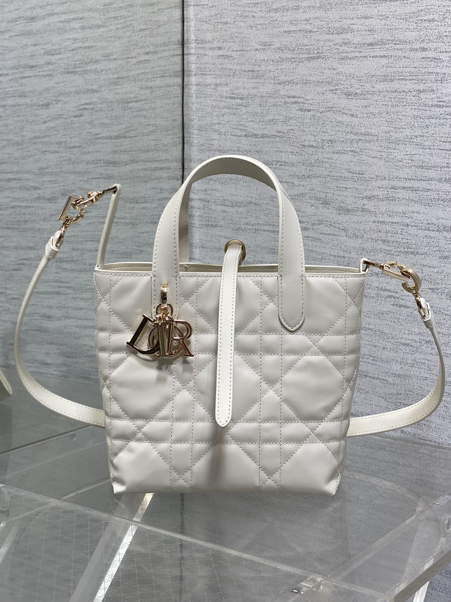 Small Dior Toujours Vertical Tote Bag – White Macrocannage Calfskin – M2835 - Default Title - View 3