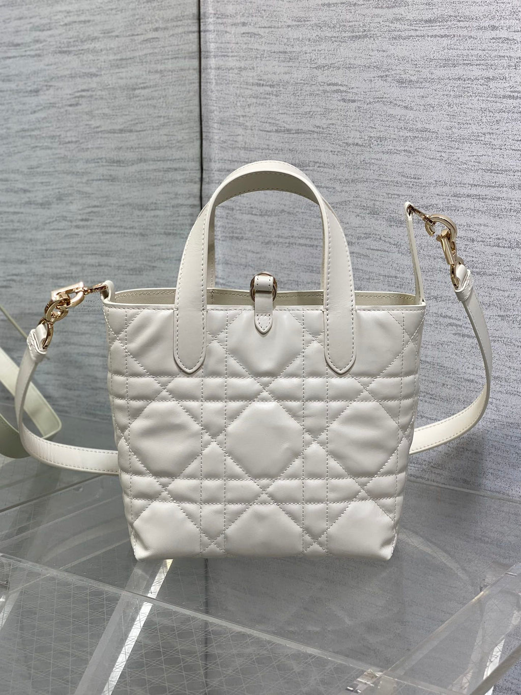 Small Dior Toujours Vertical Tote Bag – White Macrocannage Calfskin – M2835 - Default Title - View 5