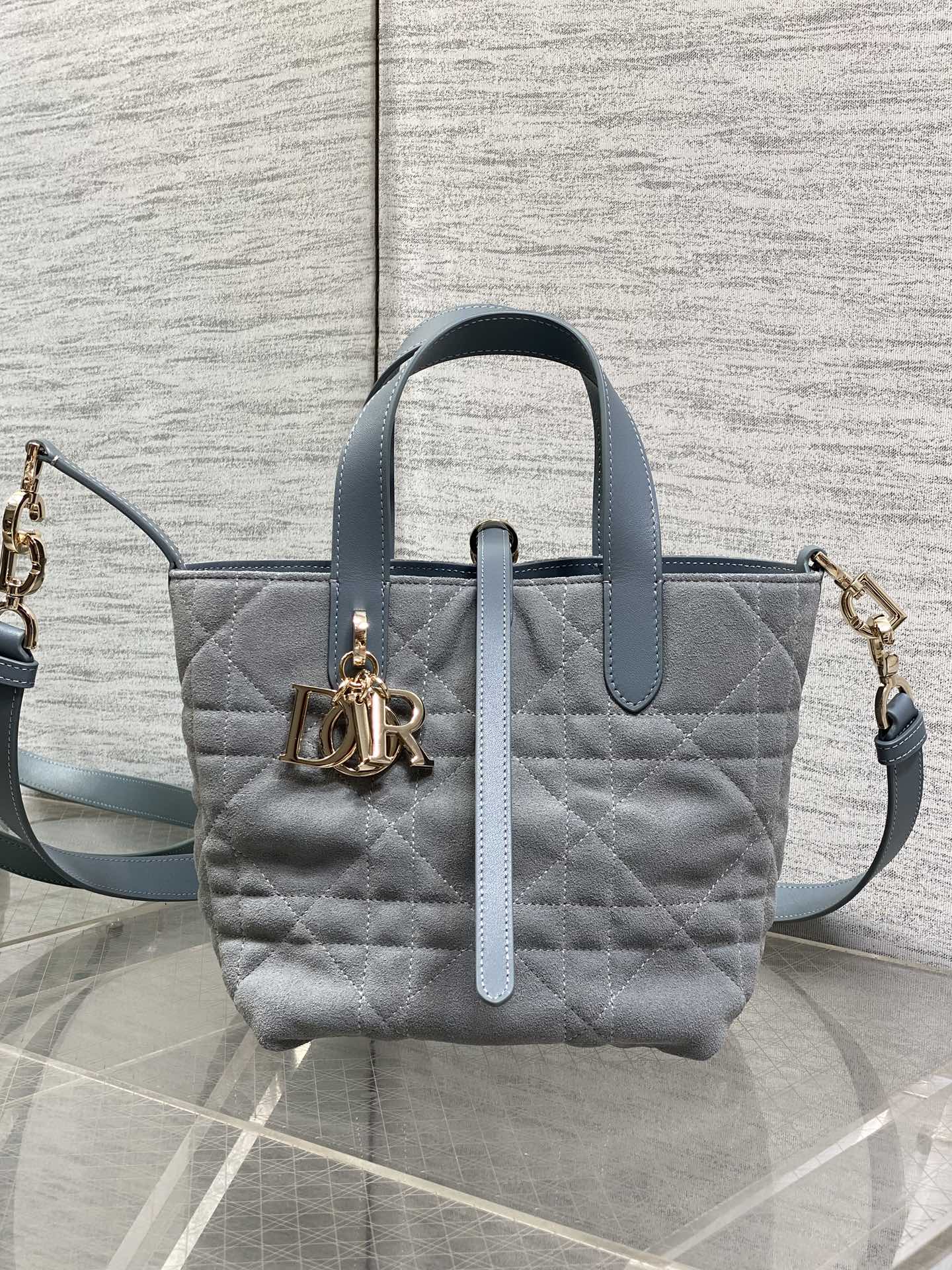 Small Dior Toujours Vertical Tote Bag – Gray Suede – M2835 - Default Title - View 2
