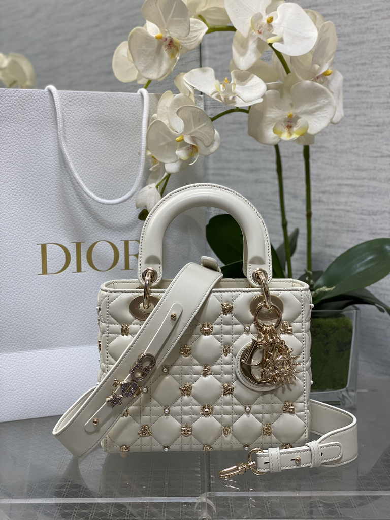 Small Lady Dior Bag M0531 White Calfskin Sun - Default Title - View 1