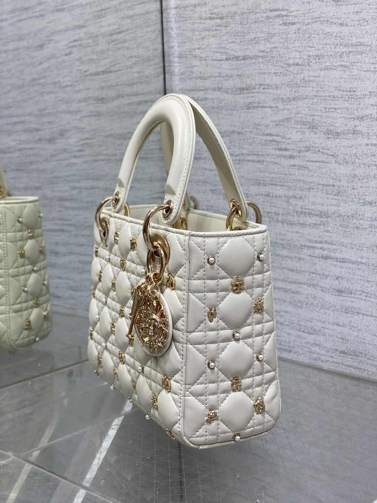 Small Lady Dior Bag M0531 White Calfskin Sun - Default Title - View 7