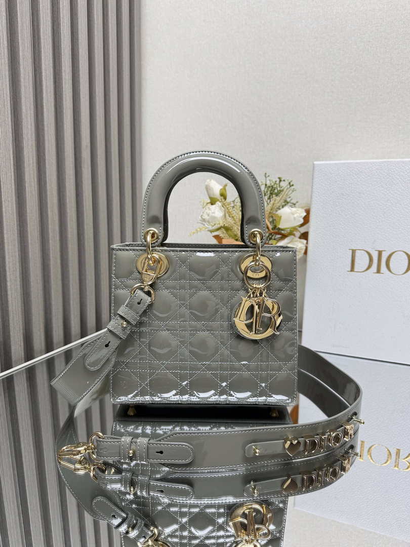 Small Lady Dior Bag M0531 Gray Patent Leahter - Default Title - View 1