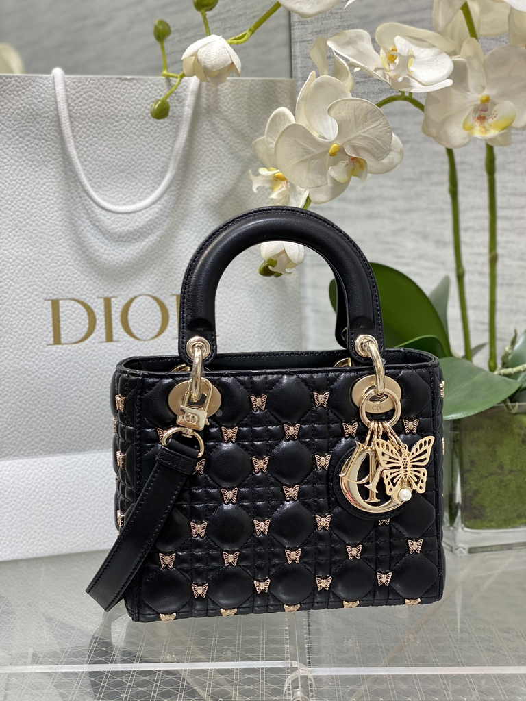Small Lady Dior Bag M0531 Black Calfskin Butterfly - Default Title - View 1
