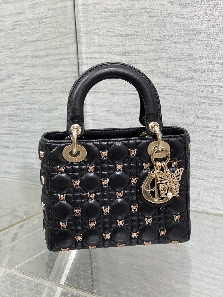 Small Lady Dior Bag M0531 Black Calfskin Butterfly - Default Title - View 3