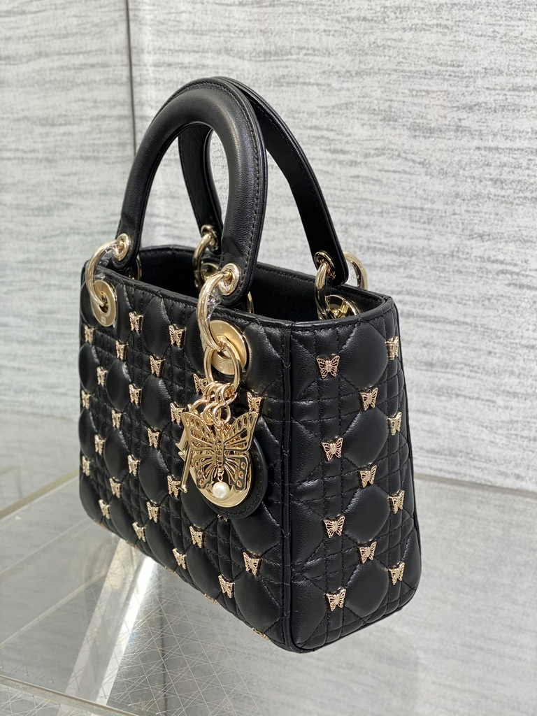 Small Lady Dior Bag M0531 Black Calfskin Butterfly - Default Title - View 7