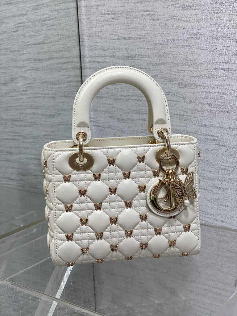 Small Lady Dior Bag M0531 White Calfskin Butterfly - Default Title - View 3