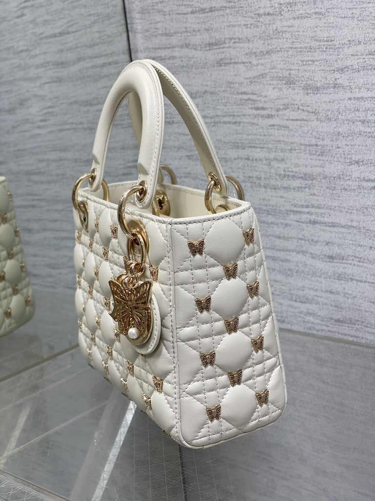Small Lady Dior Bag M0531 White Calfskin Butterfly - Default Title - View 7