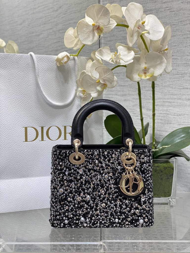 Small Lady Dior Bag M0531 Black Calfskin Bead - Default Title - View 1