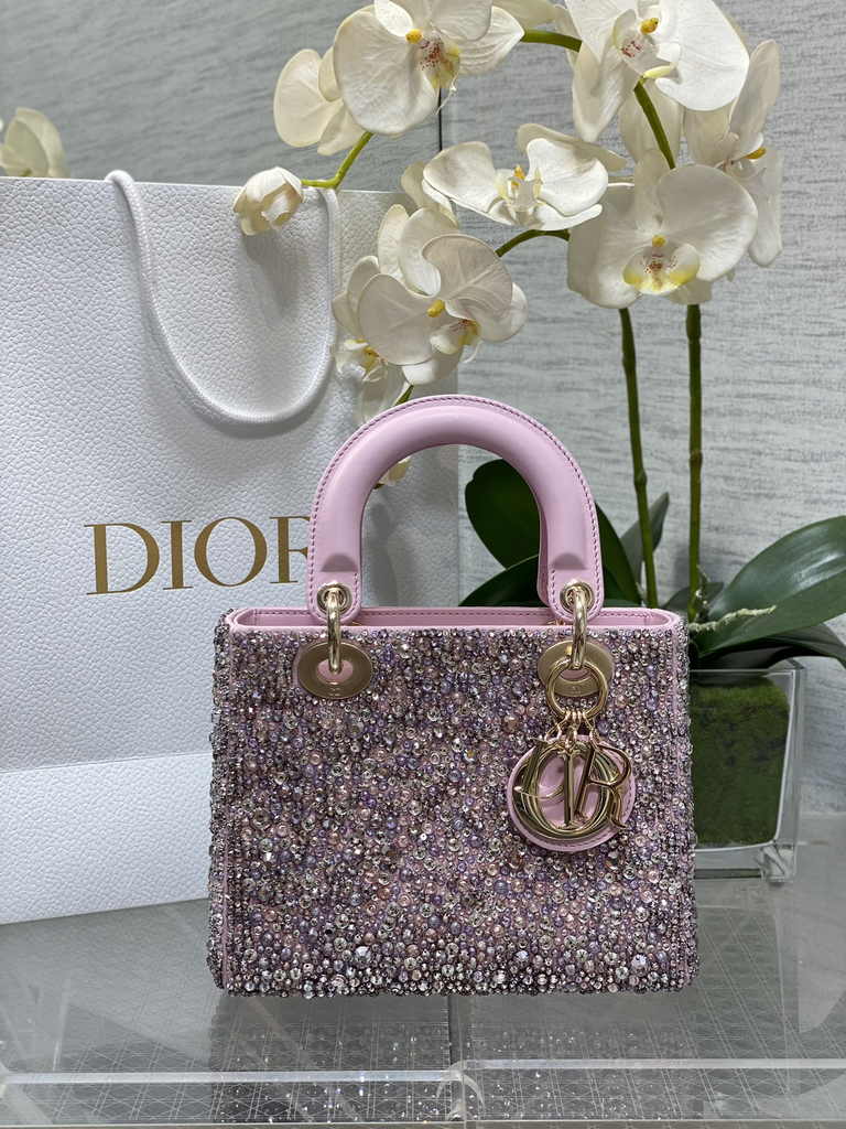 Small Lady Dior Bag M0531 Pink Calfskin Bead - Default Title - View 1