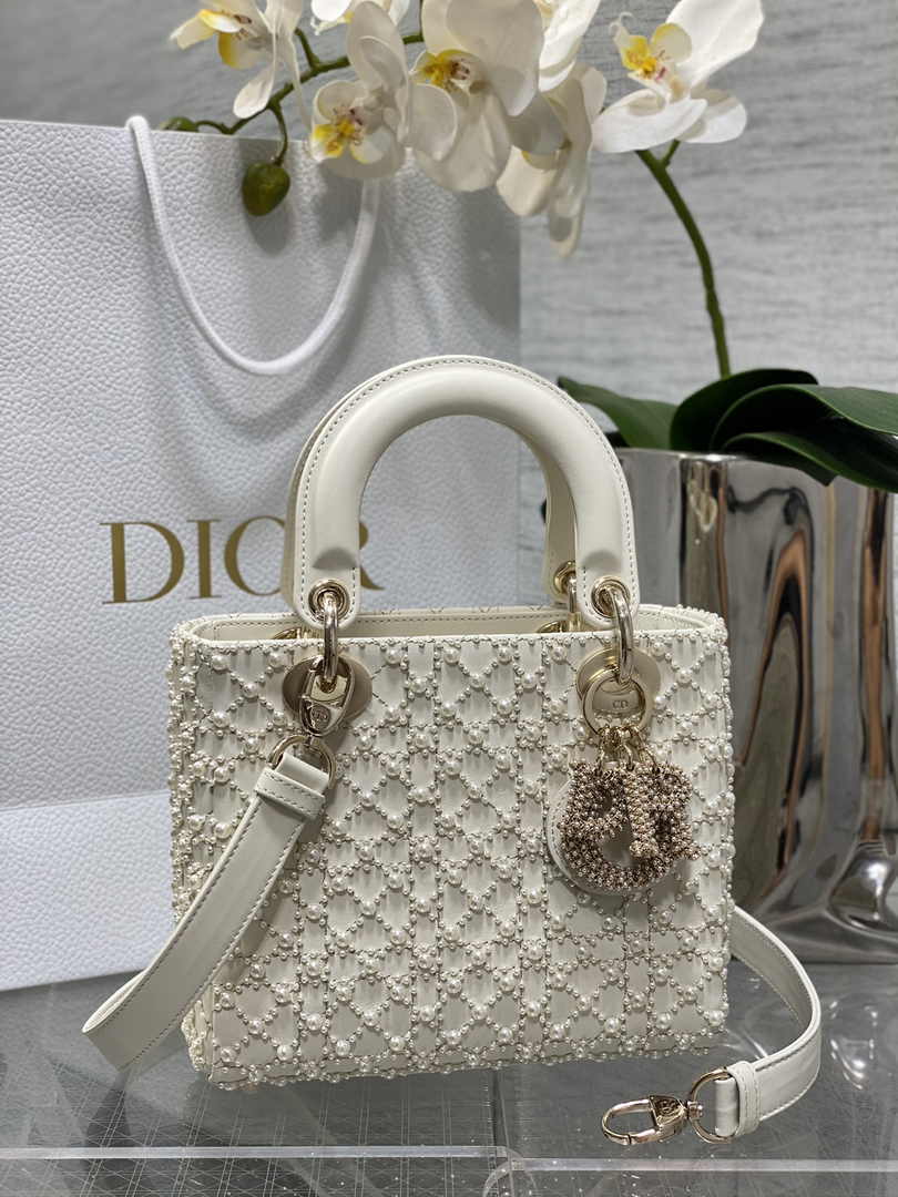 Small Lady Dior Bag M0531 White Cannage Calfskin with Resin Pearls - Default Title - View 1