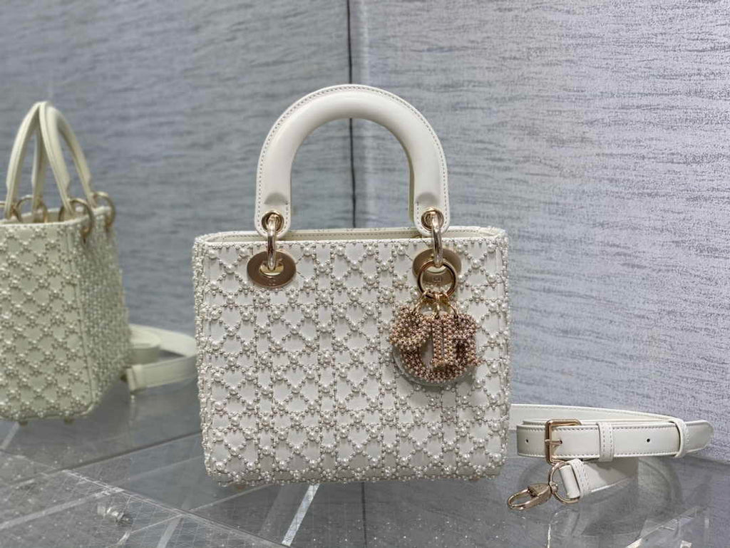 Small Lady Dior Bag M0531 White Cannage Calfskin with Resin Pearls - Default Title - View 2
