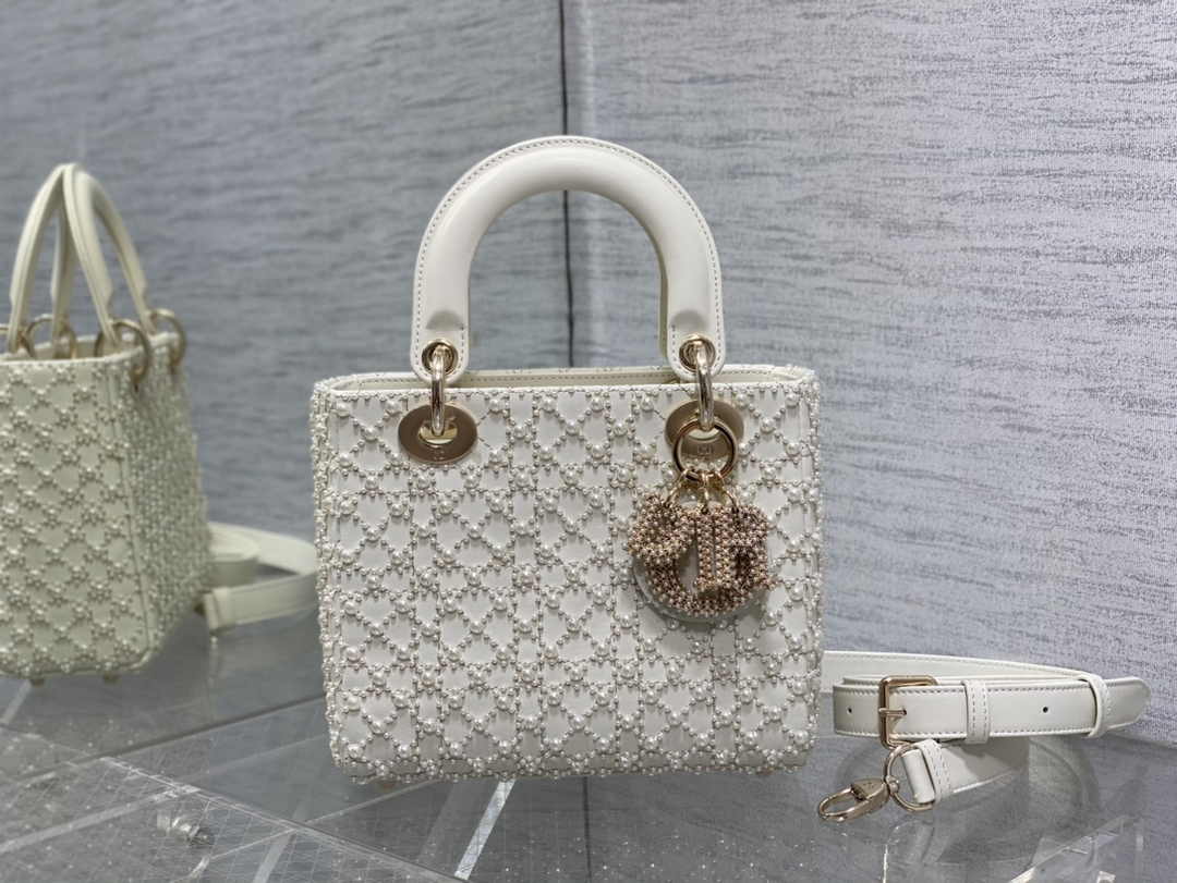 Small Lady Dior Bag M0531 White Cannage Calfskin with Resin Pearls - Default Title - View 2