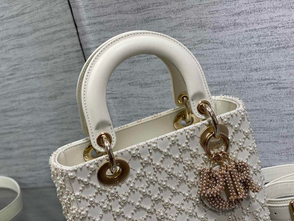 Small Lady Dior Bag M0531 White Cannage Calfskin with Resin Pearls - Default Title - View 7