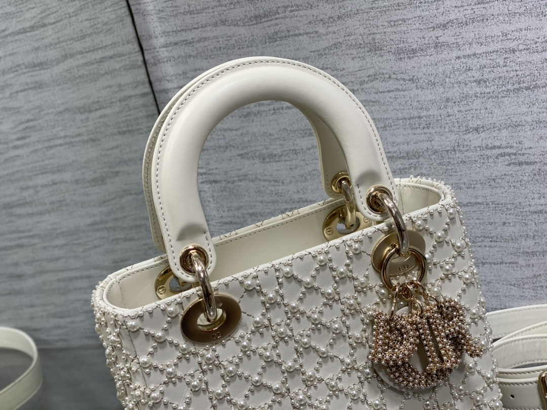 Small Lady Dior Bag M0531 White Cannage Calfskin with Resin Pearls - Default Title - View 7