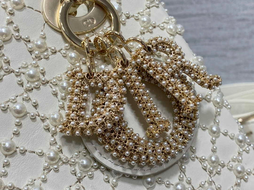 Small Lady Dior Bag M0531 White Cannage Calfskin with Resin Pearls - Default Title - View 8