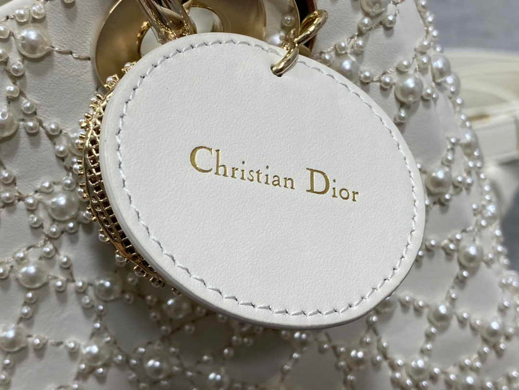Small Lady Dior Bag M0531 White Cannage Calfskin with Resin Pearls - Default Title - View 9