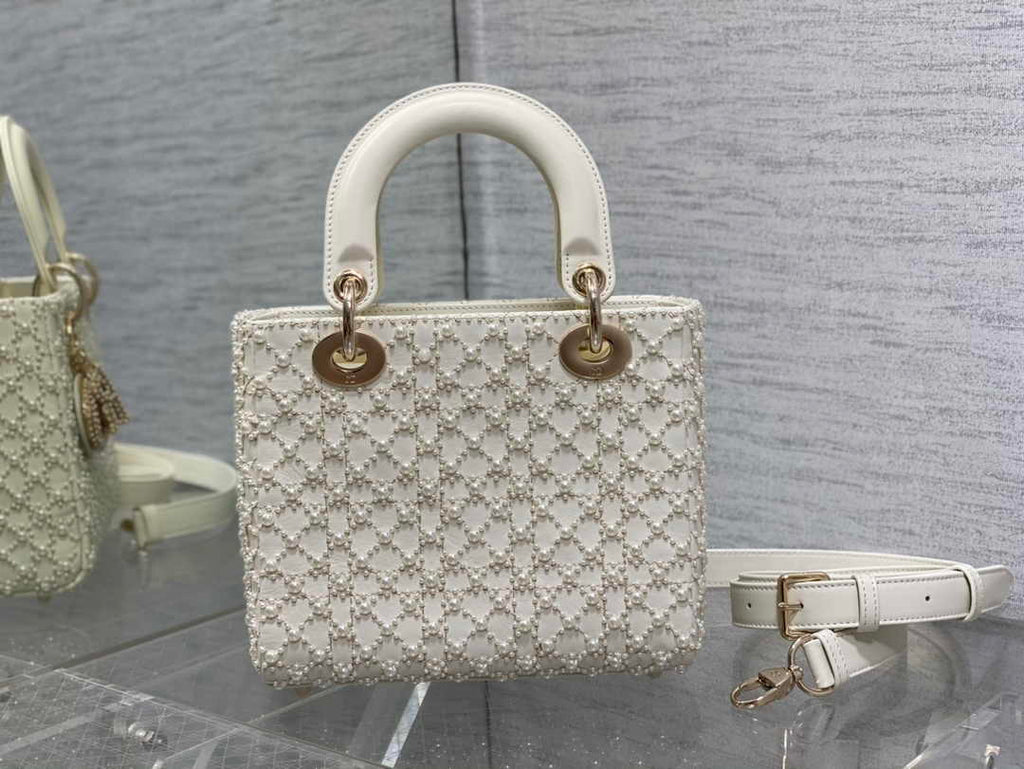Small Lady Dior Bag M0531 White Cannage Calfskin with Resin Pearls - Default Title - View 3