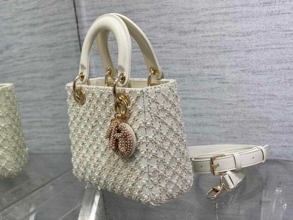 Small Lady Dior Bag M0531 White Cannage Calfskin with Resin Pearls - Default Title - View 4