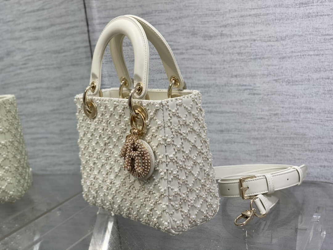 Small Lady Dior Bag M0531 White Cannage Calfskin with Resin Pearls - Default Title - View 4