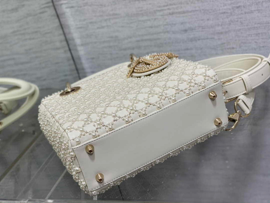 Small Lady Dior Bag M0531 White Cannage Calfskin with Resin Pearls - Default Title - View 6